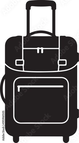 Black luggage icon, travel bag vector, suitcase silhouette, wheeled luggage graphic