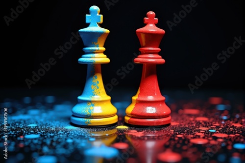 Close-up of vibrant blue and red chess kings against a dark backdrop, symbolizing strategy and competition.