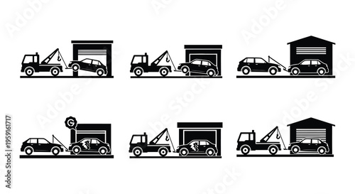 Simple black and white icons depicting car towing and garage services