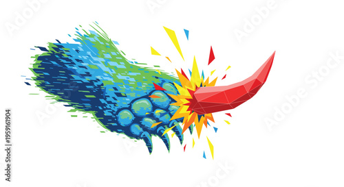 A vibrant, textured blue and green furry paw with visible claws strikes a sharp, faceted red horn, causing colorful geometric shards to explode outwards.