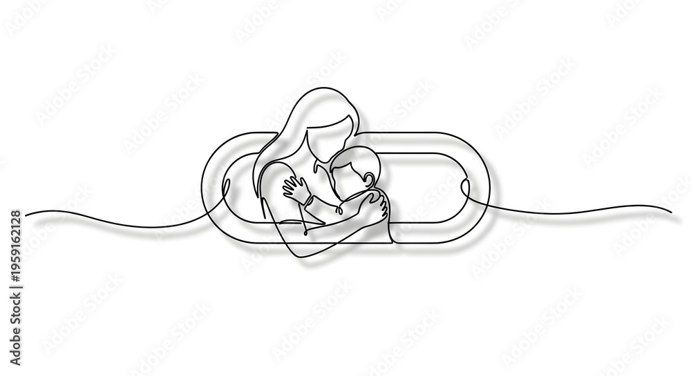 Obraz premium A single continuous line drawing of a mother holding her child within a rounded frame design