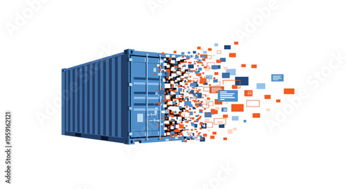 A blue shipping container on the left is shown with its right side dissolving into a flurry of orange, blue, and black digital data fragments and icons on a white background.