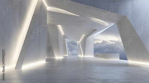 幾何学的な構造体越しに積乱雲を望む開放的な内部空間