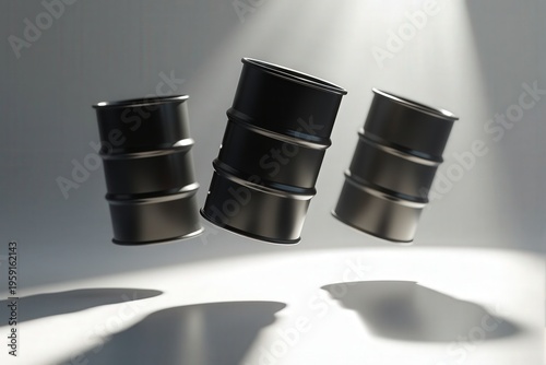 Three black barrels appear to float in mid-air, illuminated by soft lighting, creating a dramatic effect.