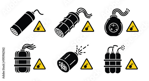 Warning depictions of various explosive devices and caution symbols