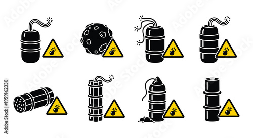 Warning depictions of various explosive devices and caution symbols