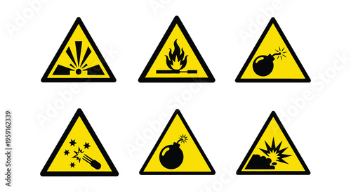Warning depictions of various explosive devices and caution symbols