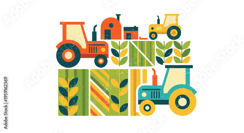 A retro-style illustration features three tractors, two barn-like structures, and geometric fields with crops arranged on a white background.