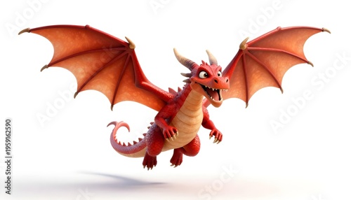 Friendly cartoon red dragon with large wings flying on a white background
