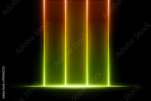 Two color vertical light beams composition. Four glowing columns with violet upper glow, warm base line, smooth gradients, dark backdrop, vibrant neon illumination atmosphere.