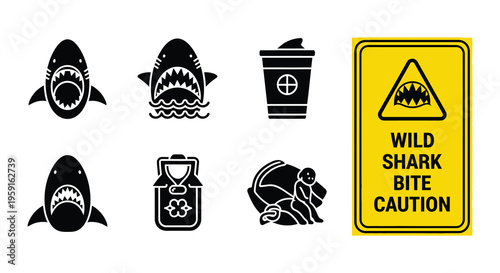 Shark warning signs and symbols depicting potential ocean dangers
