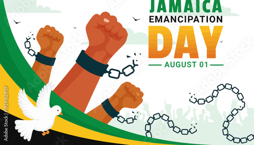 Jamaica Emancipation Day illustration with fists and dove symbolizing freedom