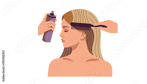 Hair care illustration with woman getting her hair styled with spray