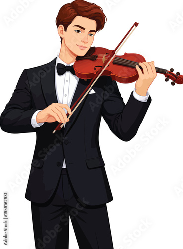 075-50-Young man musician in tuxedo playing violin during a performance