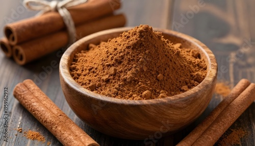 Wooden bowl filled with ground cinnamon next to cinnamon sticks on a dark wooden surface