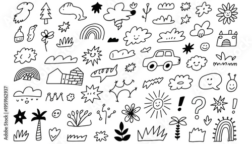 A doodle illustration of various cartoon objects and symbols in black and white