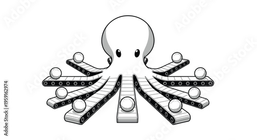A cartoonish black and white octopus with eight tentacles, each functioning as a conveyor belt carrying a white sphere, is centered on a white background.