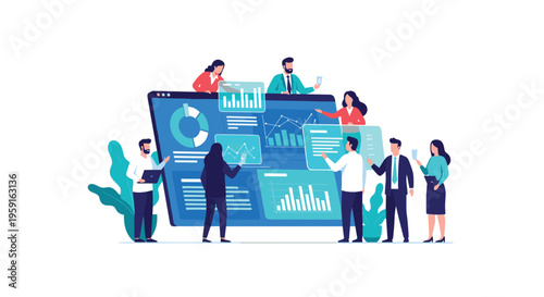 A diverse group of eight individuals actively interacts with a large computer screen displaying multiple data visualizations on a clean white background.