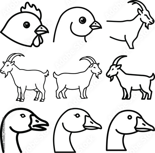 Collection of black line of farm animals including chickens goats and geese chicken head goat goose bird farm animal line black and white