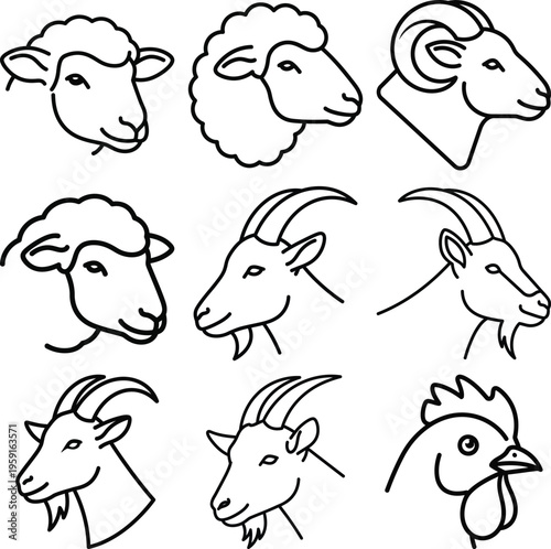 Collection of simple line of farm animal heads including sheep goats and chicken