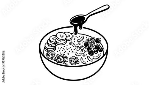 A bowl of oatmeal with fruit and syrup vector illustration