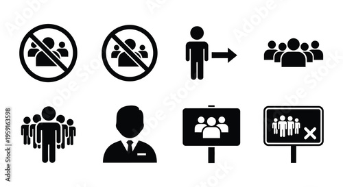 Social distancing and group gathering restrictions illustrated with black icons