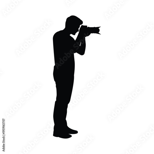 Professional photographer taking photos with camera silhouette isolated on transparent background.