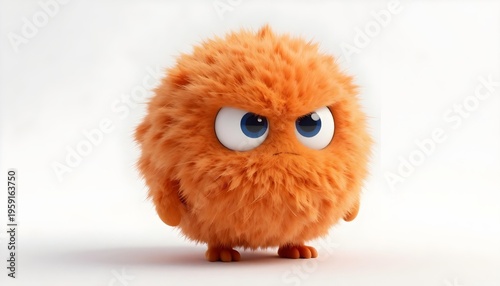 Cute fluffy orange monster with big blue eyes looking angry on a white background