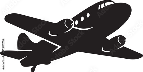 Airplane icon, black plane silhouette, flying aircraft symbol, vector illustration