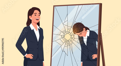 Confident businesswoman stands beside broken mirror reflecting stressed colleague symbolizing mental health