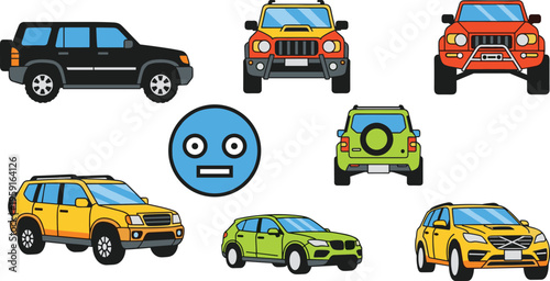 SUV Car Vehicle Icon Set with Different Models Front Side Rear Views and Cartoon Style Transport Flat Vector Illustration Collection
