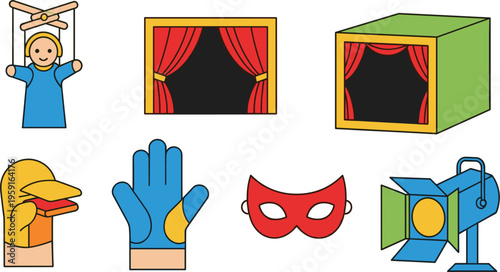 Theater and Performing Arts Icon Set with Puppet Stage Curtains Mask Spotlight Gloves and Drama Elements Flat Vector Illustration Collection