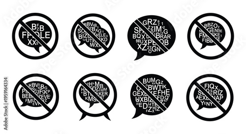 Prohibited speech Symbols and talk bubbles with red no signs