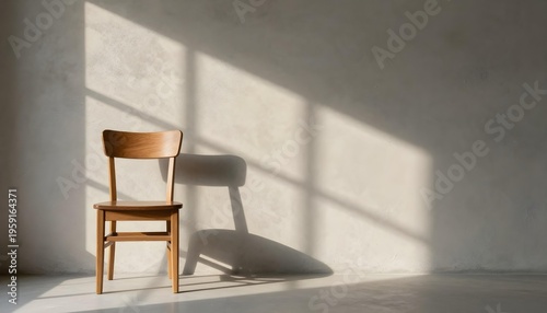 Minimalist wooden chair casting a long shadow on a textured wall with sunlight.
