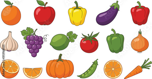 Healthy fruit and vegetable vector set. Cartoon icons of apple, bell pepper, eggplant, pumpkin, orange slices, garlic, and grapes for organic food design.