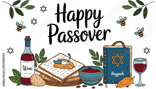 Passover celebration with traditional Jewish symbols and food