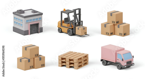 Logistics and Warehouse Icon Set, Featuring 3D Forklift, Delivery Truck, Cargo Boxes, Wooden Pallets, and Warehouse Building, Minimalist Supply Chain and Distribution Concept on White Background