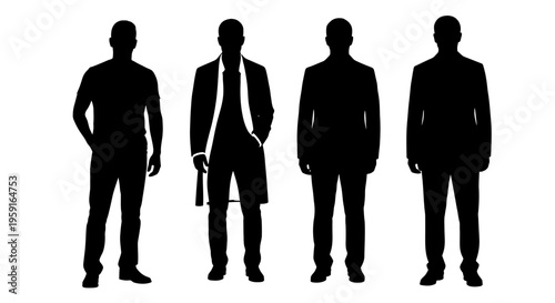 Four male silhouettes stand in a line against a white background.