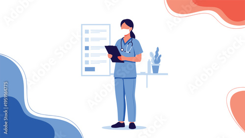 Professional female healthcare worker in blue scrubs and medical mask holds a clipboard in a clean clinic or hospital setting.