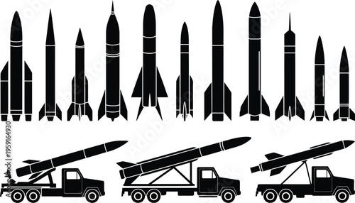 Rocket and missile silhouette collection, vector illustration of military ballistic weapons and space launch vehicles with transport trucks isolated on white background for defense and aerospace desig