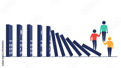 Conceptual illustration of three people helping each other climb up a line of falling giant blue dominoes.