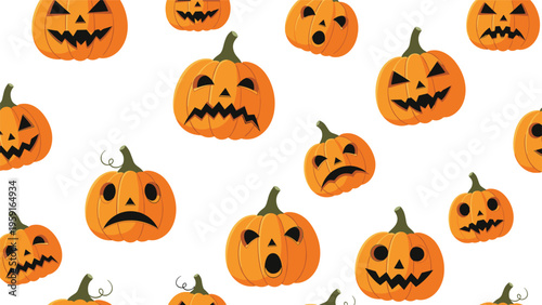 Seamless Halloween pattern of orange pumpkins with various facial expressions and carving styles on a white background.