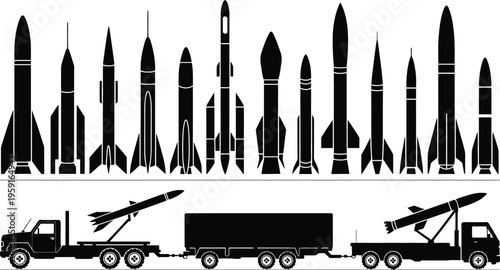 Rocket and missile silhouette collection, black and white vector set featuring rockets, missiles, and space launch vehicles with transport trucks for military and aerospace graphics.