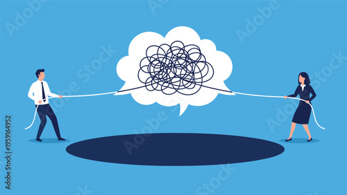 Man and woman in business suits standing on opposite sides of a pit pulling ropes attached to a tangled mess cloud.