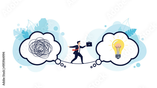 Courageous businessman balancing on a tightrope between a speech bubble of confusion and a bright idea lightbulb.