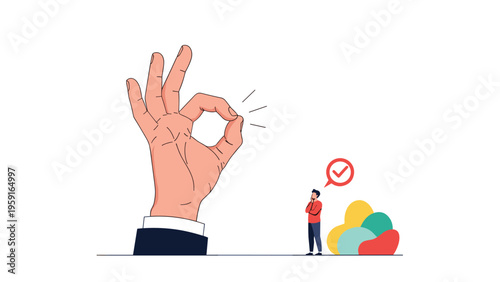 Conceptual illustration of a giant hand making an ok gesture with a small person standing nearby thinking and looking at shapes.