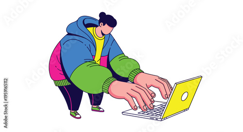 A stylized male figure in a multi-colored hoodie hunches over a tiny yellow laptop, actively typing with large hands.