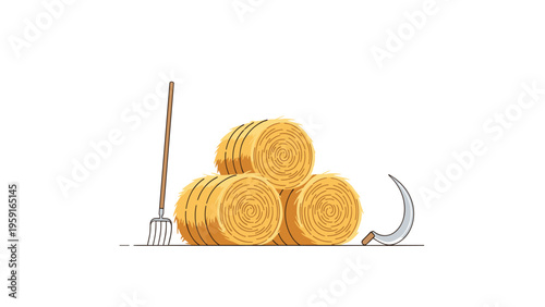 Group of three round golden hay bales stacked in a field with a wooden pitchfork and a curved metal sickle tool on white.