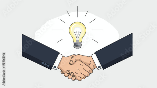 Two business people shaking hands beneath a glowing yellow lightbulb as a symbol of a successful agreement or collaborative idea.