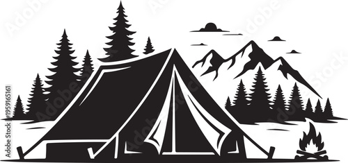 Vintage camping tent vector illustration, rustic mountain landscape with pine forest and campfire, black and white outdoor adventure silhouette graphic